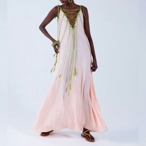 My Beachy Side Monarch Maxi Dress Pink Olive Green Crochet Tassel Resortwear M